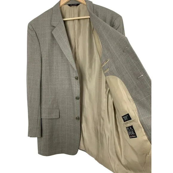 Jos A Bank Mens 3-Button Blazer Size 44L Gray Plaid Wool Sport Coat RH10468
